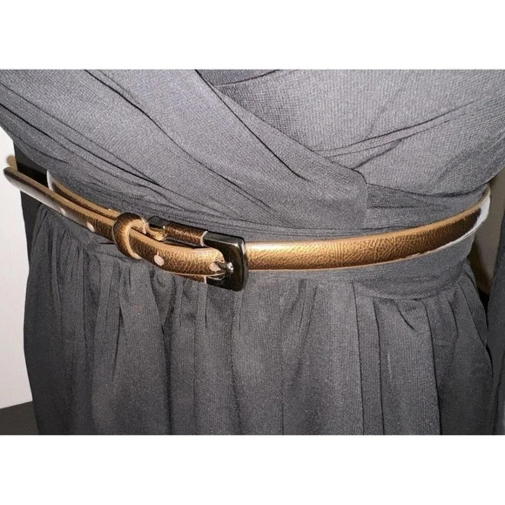 New York & Co‎ Skinny Belt Metallic Bronze Faux Leather Silver Buckle Chic 47-72